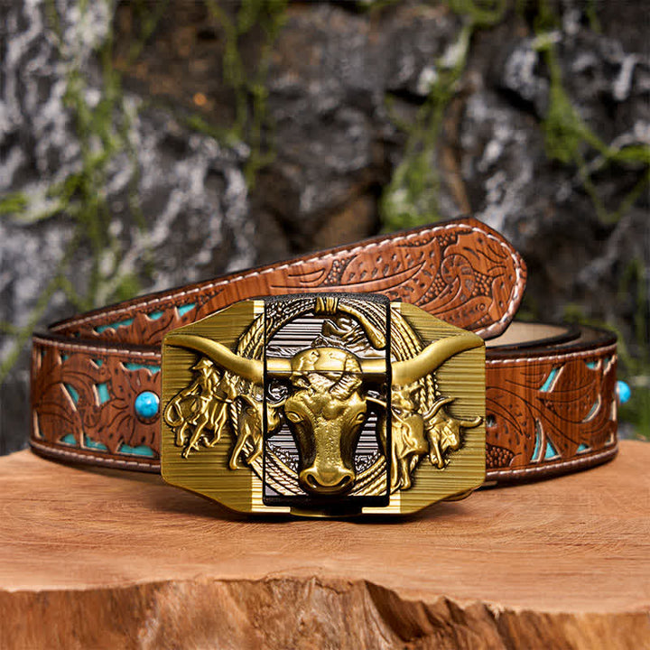 Men's DIY Golden Domineering Bull Leather Belt with Hidden Lighter - Longhorn Bull - Turquoise Carved Belt - 42 - image 6