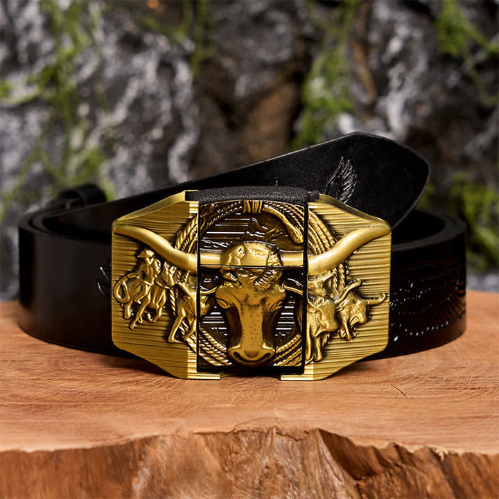 Men's DIY Golden Domineering Bull Leather Belt with Hidden Lighter - Longhorn Bull - Black Embossed Eagle Belt - 42 - image 2