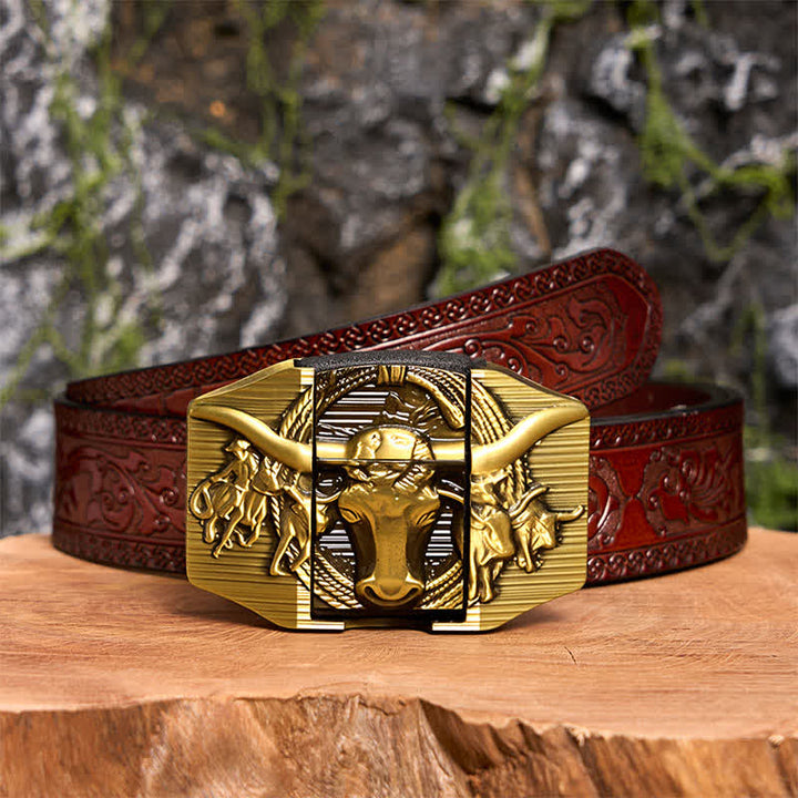 Men's DIY Golden Domineering Bull Leather Belt with Hidden Lighter - Longhorn Bull - Brown Carved Belt - 42 - image 9