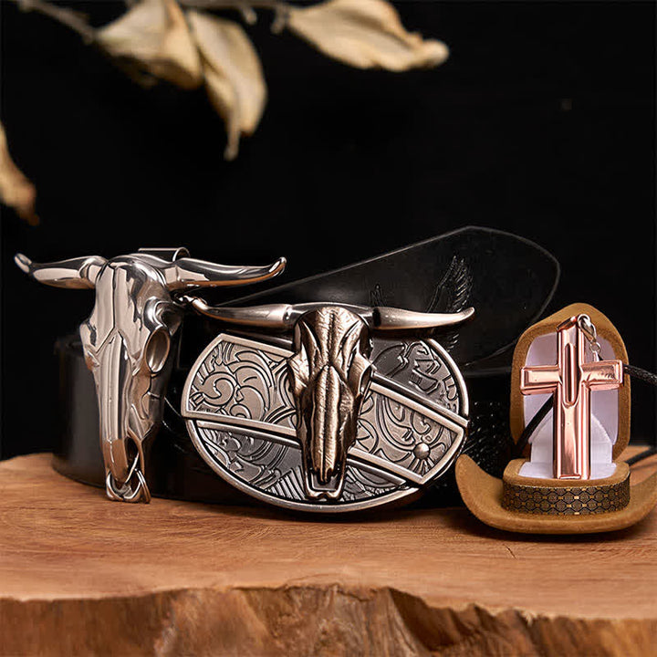 Longhorn Bull DIY Hidden Knife Belt Buckle Cross Necklace Bundle Set - Longhorn Bull - Black Embossed Eagle Belt - 42 - image 3