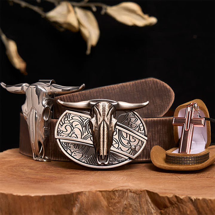 Longhorn Bull DIY Hidden Knife Belt Buckle Cross Necklace Bundle Set - Longhorn Bull - Brown Distressed Belt - 42 - image 6