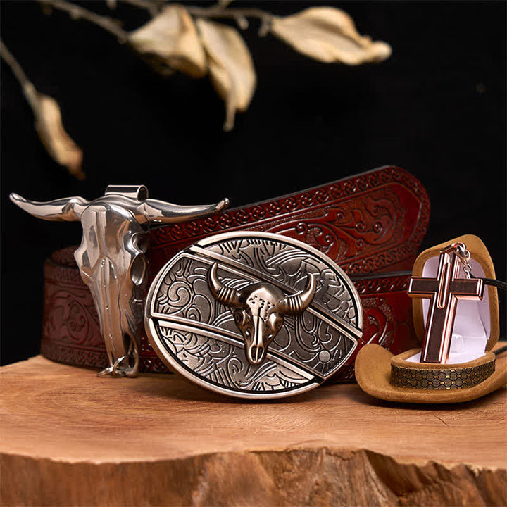 Antique Silver Bull DIY Hidden Knife Belt Buckle Cross Necklace Bundle Set - Silver Bull Head - Brown Carved Belt - 42 - image 7