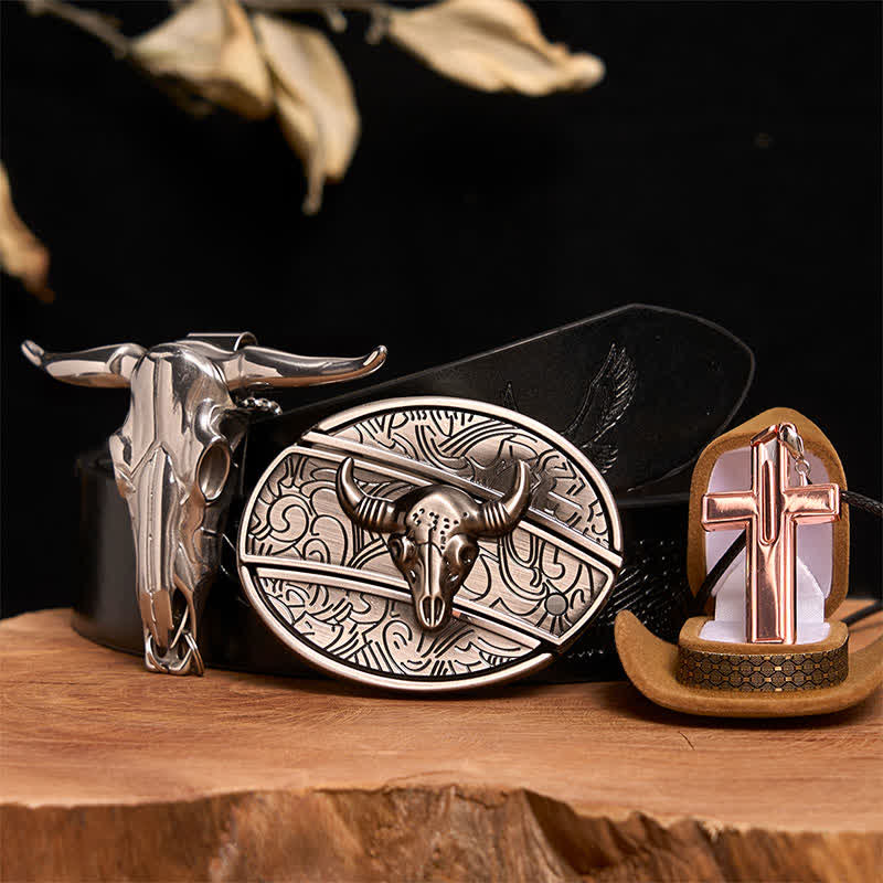 Antique Silver Bull DIY Hidden Knife Belt Buckle Cross Necklace Bundle Set - Silver Bull Head - Black Embossed Eagle Belt - 42 - image 3
