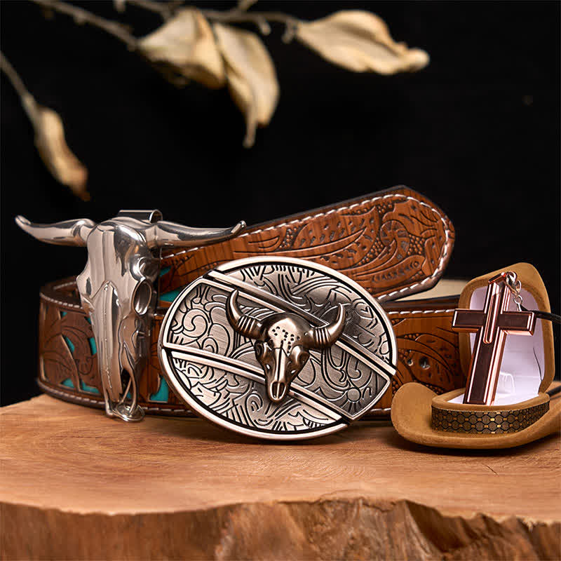 Antique Silver Bull DIY Hidden Knife Belt Buckle Cross Necklace Bundle Set - Silver Bull Head - Turquoise Carved Belt - 42 - image 4