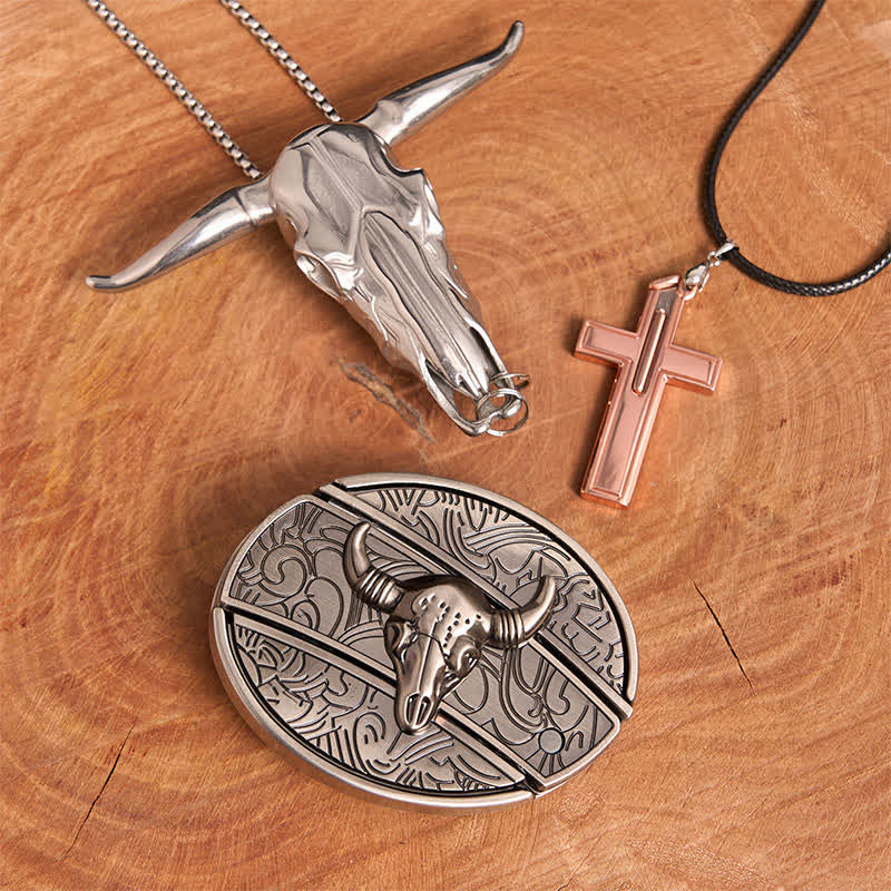 Antique Silver Bull DIY Hidden Knife Belt Buckle Cross Necklace Bundle Set - Silver Bull Head - Without Belt - Not Include Belt - image 1