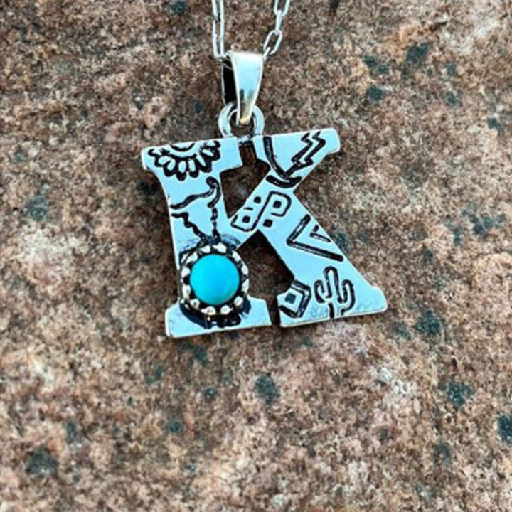 Retro Turquoise Unisex Letter Metal Necklace - K - image 9