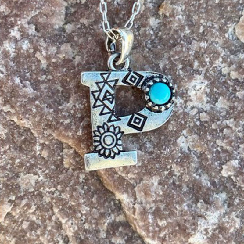 Retro Turquoise Unisex Letter Metal Necklace - P - image 13
