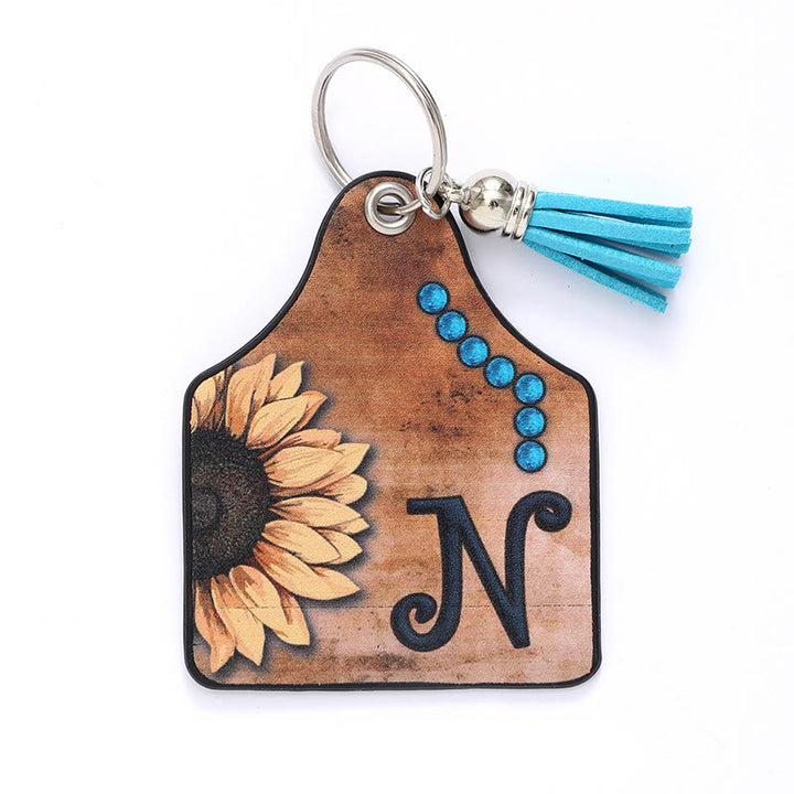 Western Style Sunflower&Letter Tassel Leather Keychain - N - image 15
