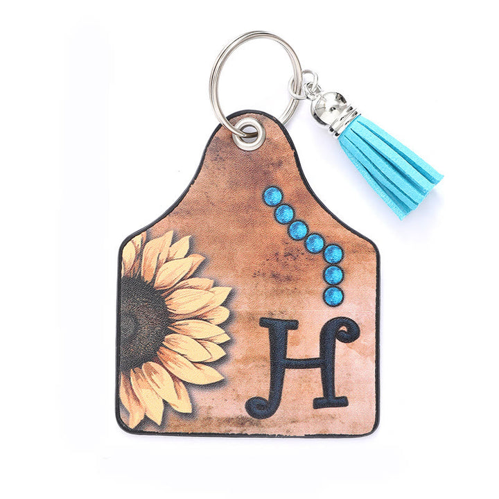 Western Style Sunflower&Letter Tassel Leather Keychain - H - image 9