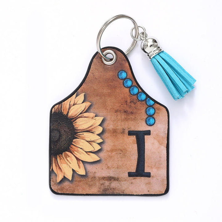 Western Style Sunflower&Letter Tassel Leather Keychain - I - image 10