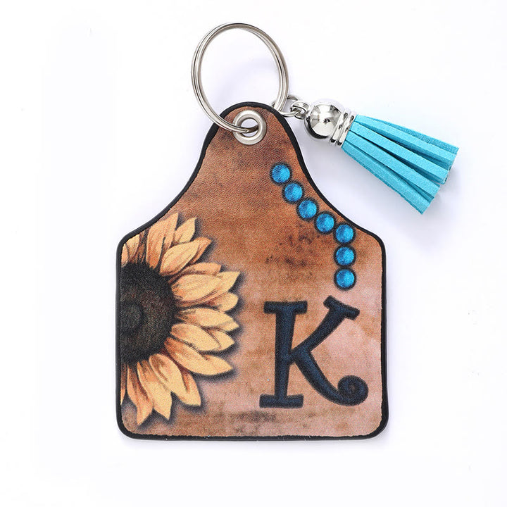 Western Style Sunflower&Letter Tassel Leather Keychain - K - image 12