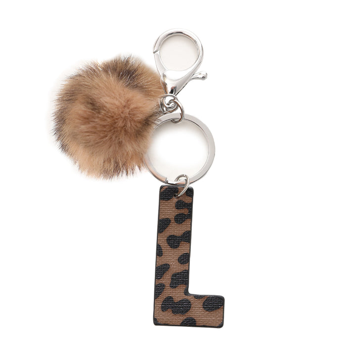 Western Style Leopard Print Letter Leather Keychain With Plush Ball - L - image 13