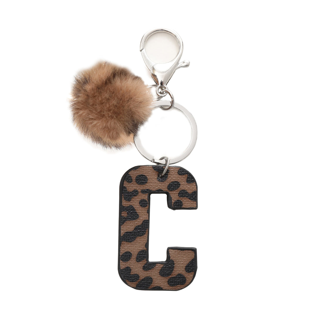 Western Style Leopard Print Letter Leather Keychain With Plush Ball - C - image 4