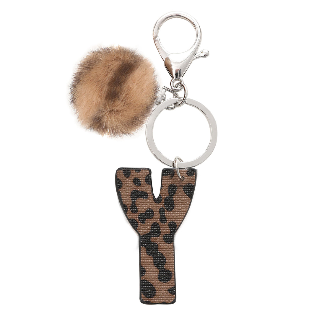 Western Style Leopard Print Letter Leather Keychain With Plush Ball - Y - image 26
