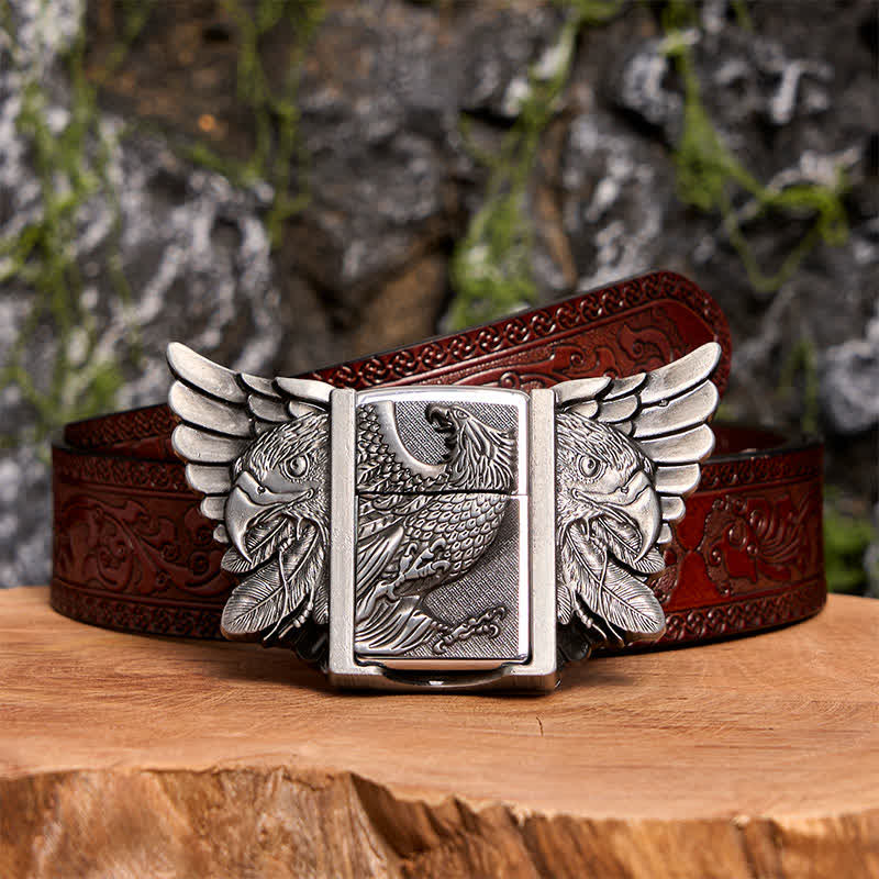 Men's DIY Silver Vulture Leather Belt with Hidden Lighter - Vulture - Brown Carved Belt - 42 - image 10