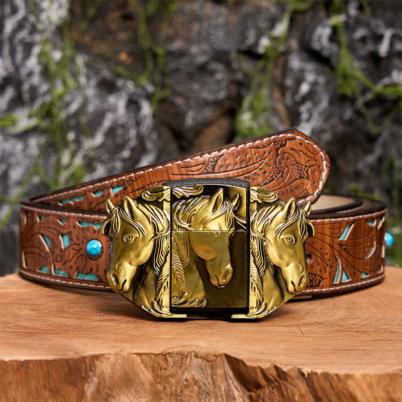 Men's DIY Bronze Triple Horses Leather Belt With Hidden Lighter - Triple Horses - Turquoise Carved Belt - 42 - image 7