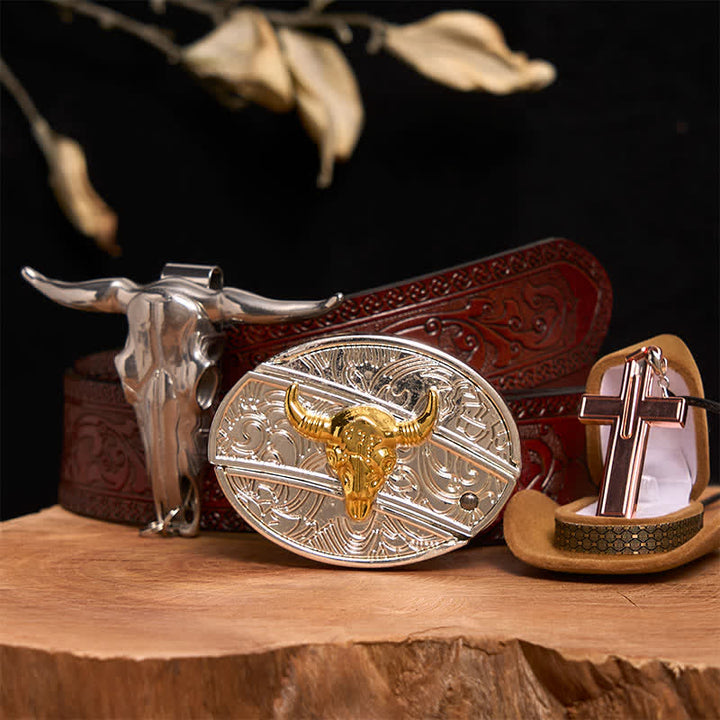 Gold & Silver Bull DIY Hidden Knife Belt Buckle Cross Necklace Bundle Set - Gold & Silver Bull - Brown Carved Belt - 42 - image 6
