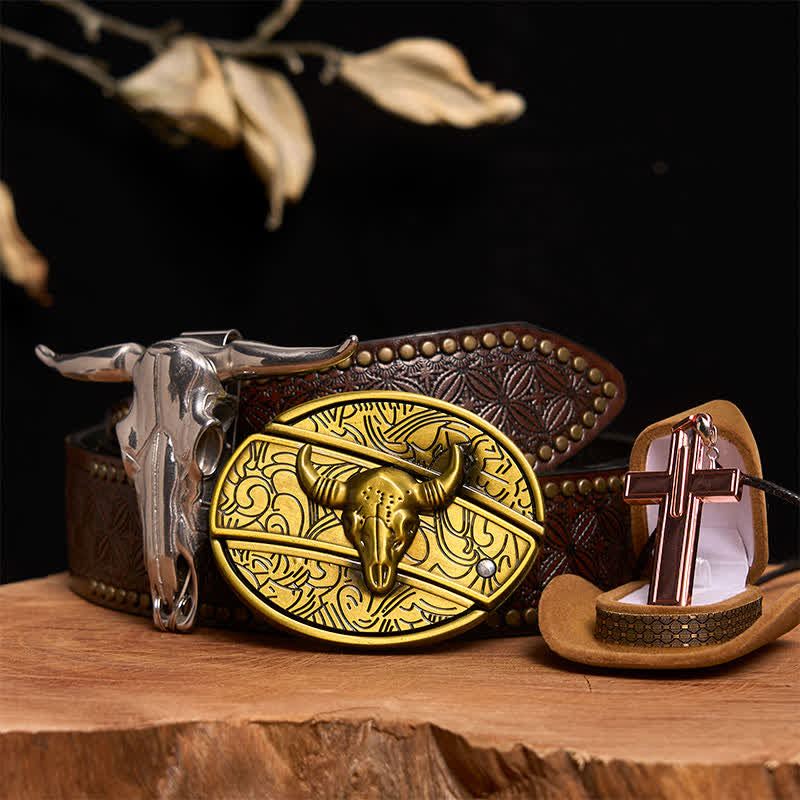 Bronze Bull DIY Hidden Knife Belt Buckle Cross Necklace Bundle Set - Bronze Bull - Brown Rivet Belt - 42 - image 5
