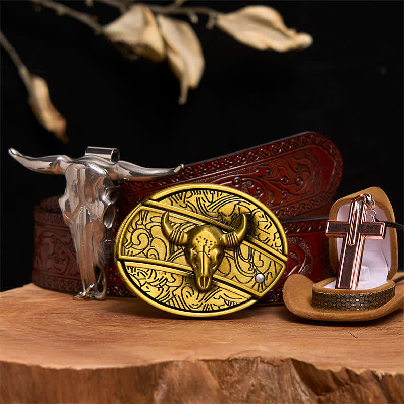 Bronze Bull DIY Hidden Knife Belt Buckle Cross Necklace Bundle Set - Bronze Bull - Brown Carved Belt - 42 - image 7