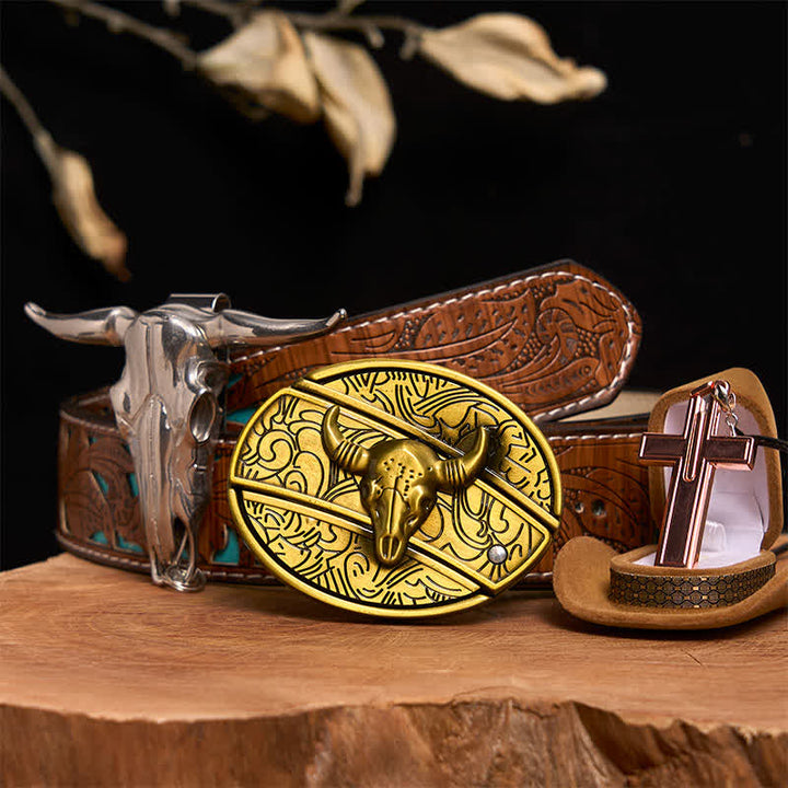Bronze Bull DIY Hidden Knife Belt Buckle Cross Necklace Bundle Set - Bronze Bull - Turquoise Carved Belt - 42 - image 4
