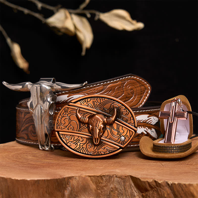 Red Bronze Bull DIY Hidden Knife Belt Buckle Cross Necklace Bundle Set - Red Bronze Bull - Brown Feather Belt - 40 - image 0