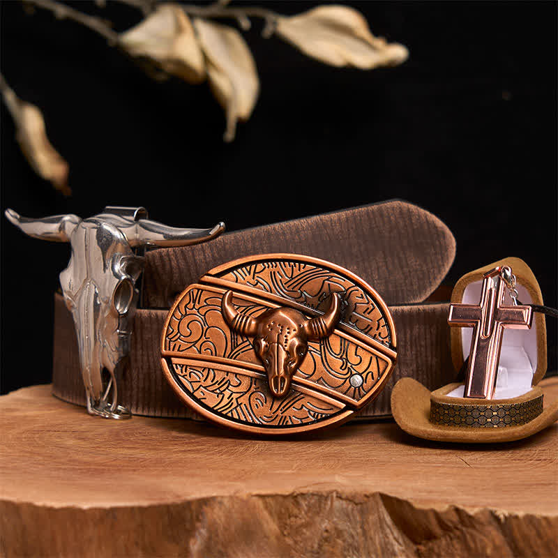 Red Bronze Bull DIY Hidden Knife Belt Buckle Cross Necklace Bundle Set - Red Bronze Bull - Brown Distressed Belt - 42 - image 7