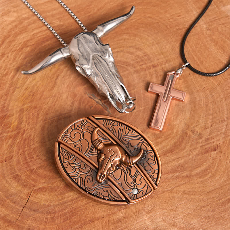 Red Bronze Bull DIY Hidden Knife Belt Buckle Cross Necklace Bundle Set - Red Bronze Bull - Without Belt - Not Include Belt - image 1