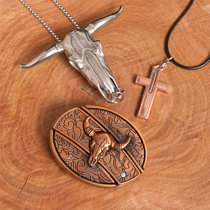 Red Bronze Bull DIY Hidden Knife Belt Buckle Cross Necklace Bundle Set - Red Bronze Bull - Without Belt - Not Include Belt - image 1