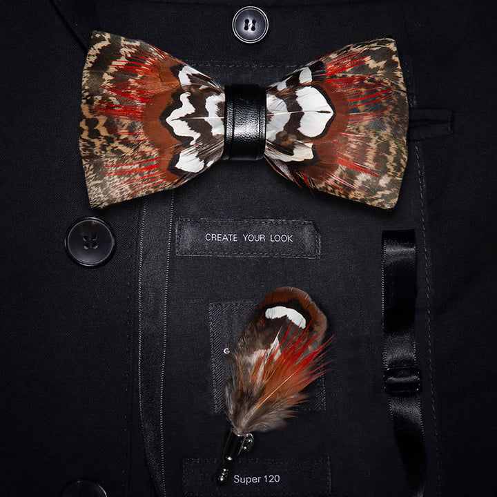 Brown & Red Feather Bow Tie with Lapel Pin - Adult - image 0