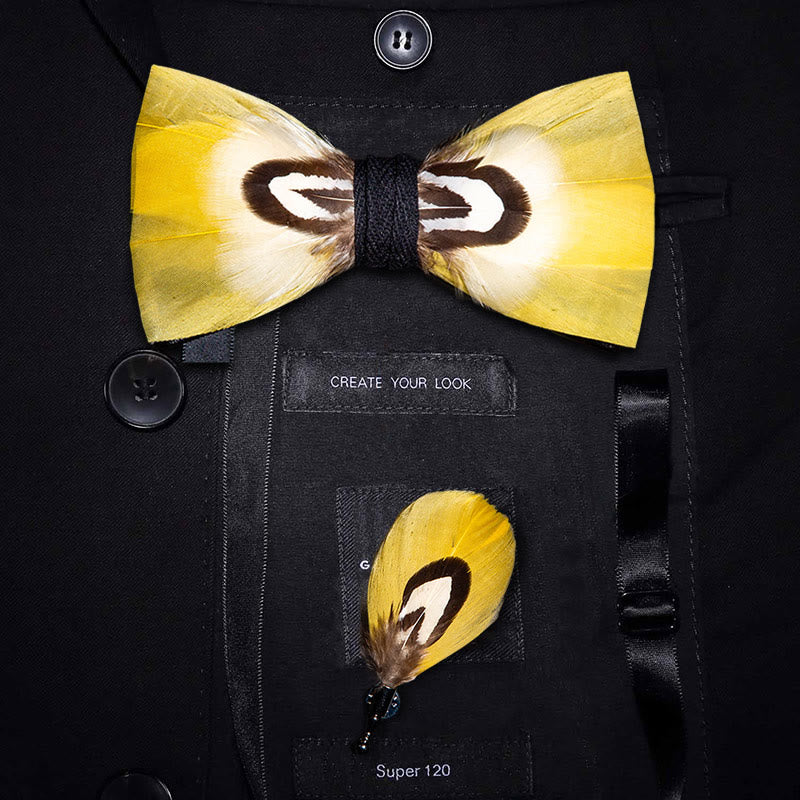 Yellow Parrot Feather Bow Tie with Lapel Pin - Yellow - image 0