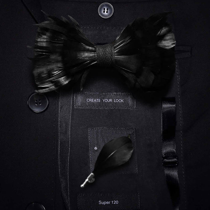 Solid Black Feather Bow Tie with Lapel Pin - Adult - image 0