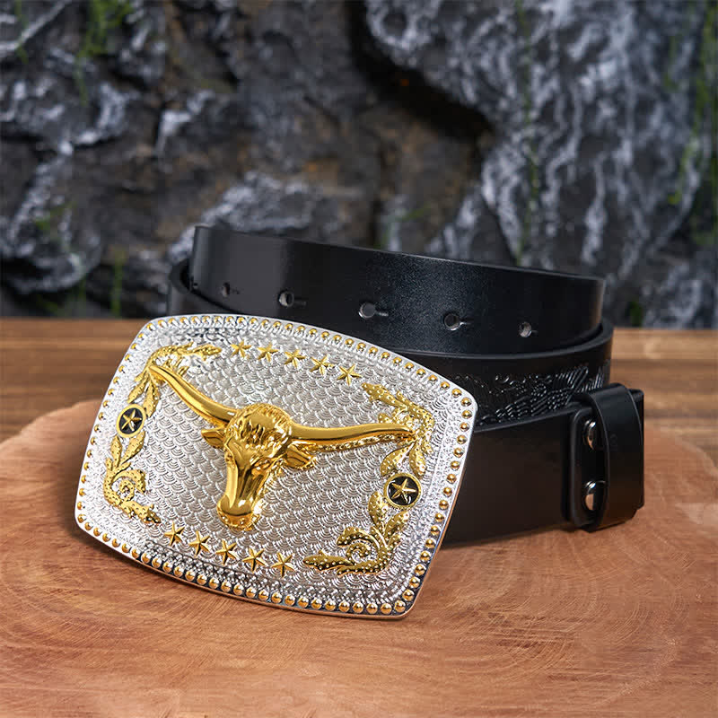 Rectangular DIY Two Tone Bull Head Large Buckle Leather Belt - Bull Head - Black Embossed Eagle Belt - 42 - image 1