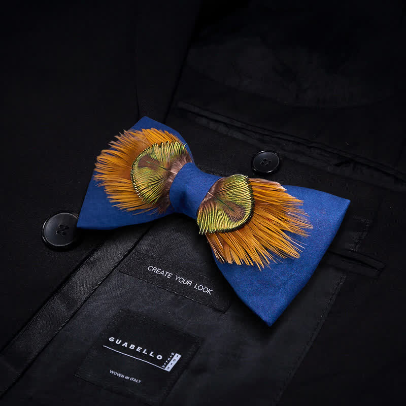 Blue & Yellow Majestic Peacock Feather Bow Tie - image 2