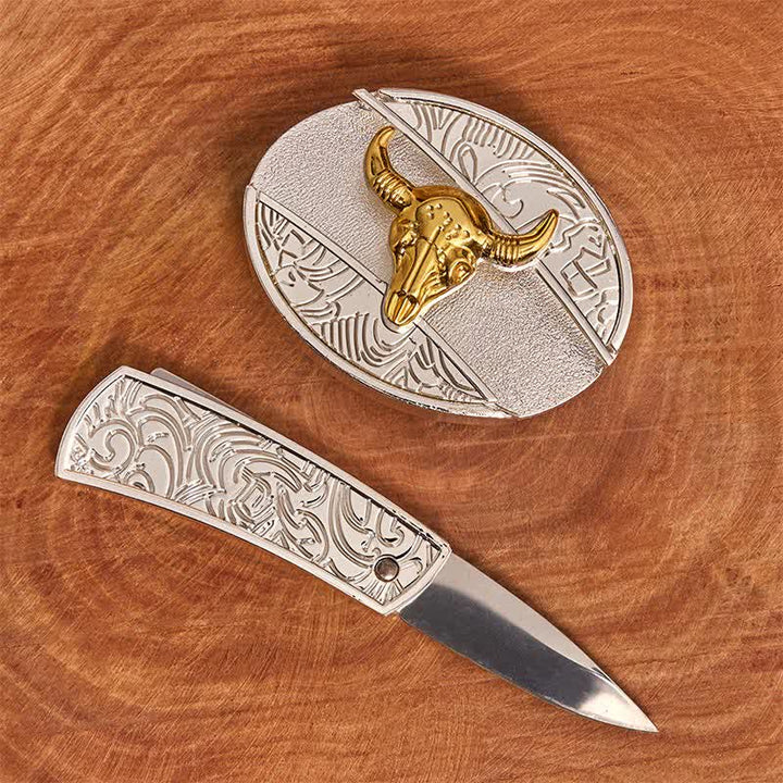 Men's DIY Gold & Silver Bull Hidden Folding Knife Leather Belt - image 1