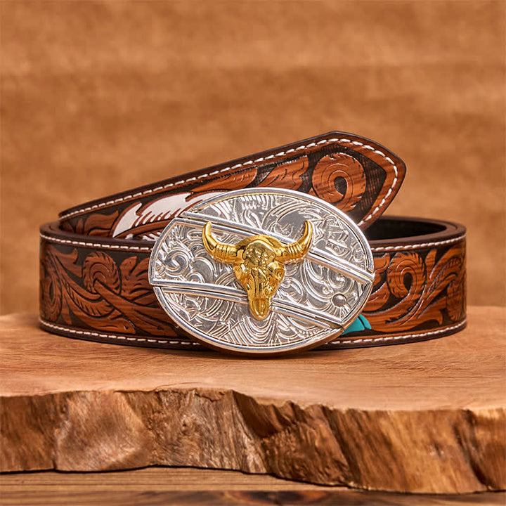 Men's DIY Gold & Silver Bull Hidden Folding Knife Leather Belt - Bull - Brown Feather Belt - 40 - image 8