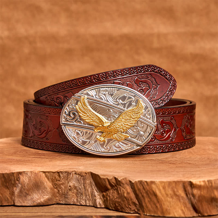 Men's DIY Gold & Silver Eagle Hidden Folding Knife Leather Belt - Eagle - Brown Carved Belt - 42 - image 7