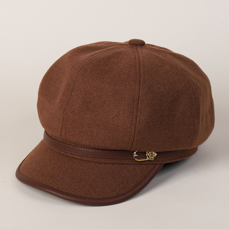 Edge Wrapped Belt Buckle Fashionable Winter Women's Beret Hat - Dark Red - M (22"-22 7/8") - image 9