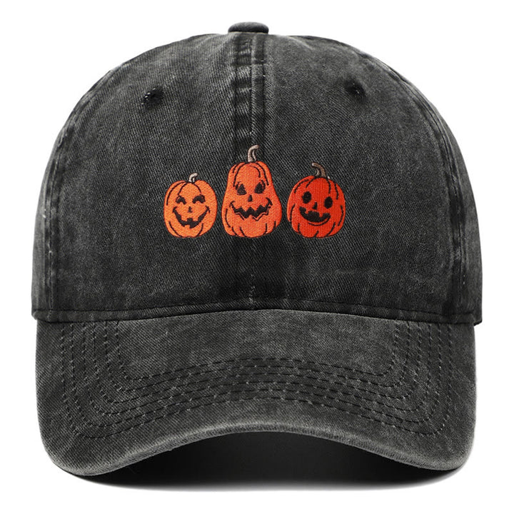 Halloween Three Pumpkins Embroidered Washed Baseball Cap Hat - Black - Adjustable（22 7/8"-24 1/2"） - image 1