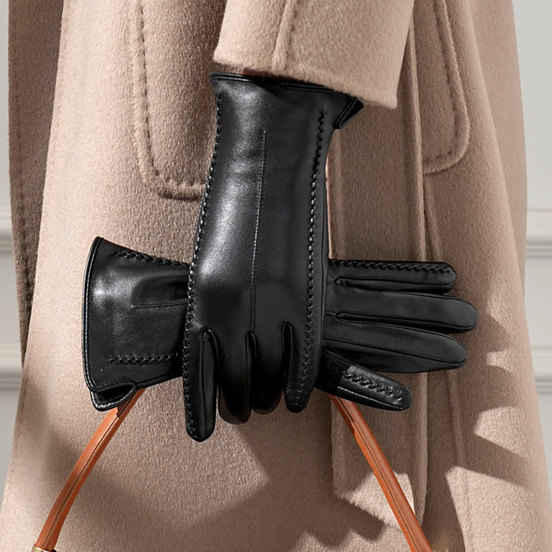 Women's Sheepskin Wrinkle Genuine Leather Leather Gloves - Black - Fleece-Lined - L - image 3