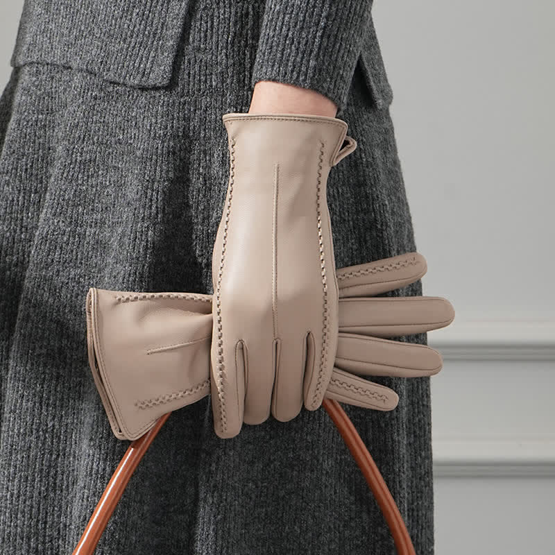 Women's Sheepskin Wrinkle Genuine Leather Leather Gloves - Light Khaki - Thin - L - image 9