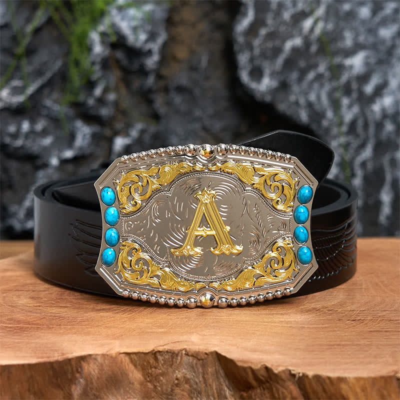Decorative Turquoise DIY Initial Letter Buckle Leather Belt - A - Black Embossed Eagle Belt (40) - image 2