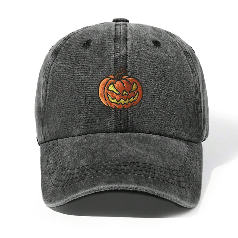 Halloween Pumpkin Head Embroidered Washed Baseball Cap Hat - Black - Adjustable（21 5/8"-22 7/8"） - image 0
