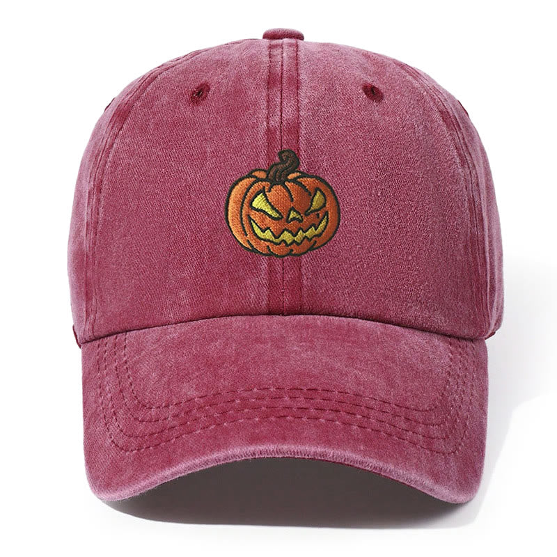 Halloween Pumpkin Head Embroidered Washed Baseball Cap Hat - Wine - Adjustable（21 5/8"-22 7/8"） - image 4