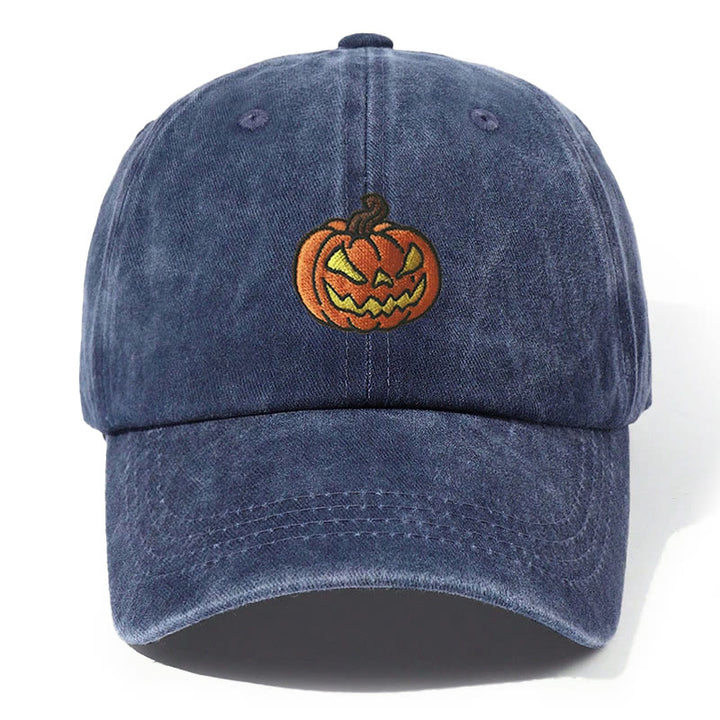 Halloween Pumpkin Head Embroidered Washed Baseball Cap Hat - Navy Blue - Adjustable（21 5/8"-22 7/8"） - image 5