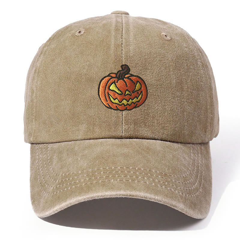 Halloween Pumpkin Head Embroidered Washed Baseball Cap Hat - Khaki - Adjustable（21 5/8"-22 7/8"） - image 7