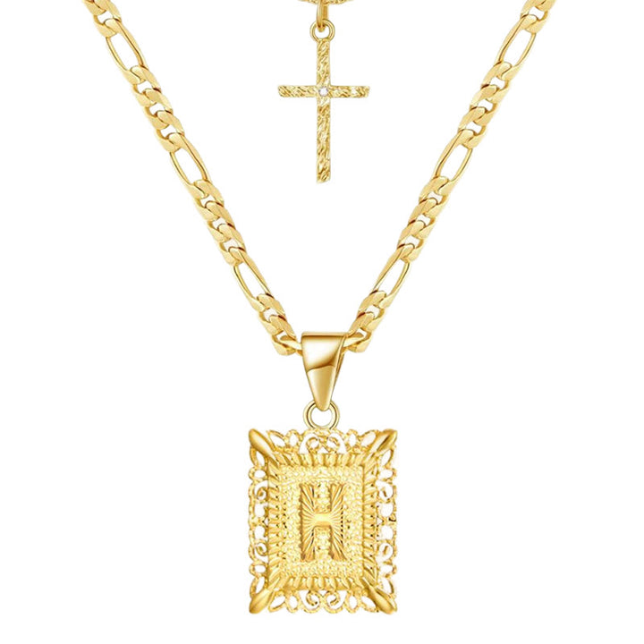 Golden Square Letter & Cross Hollow Necklace Double Chain - H - image 10