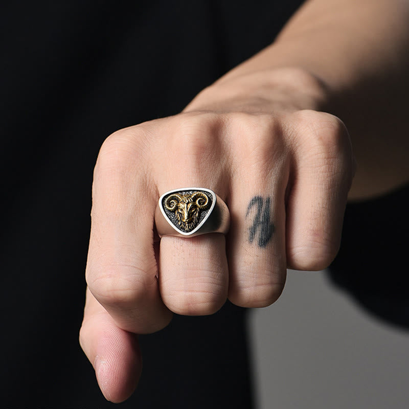 Vintage Western Style Carved Ram Head Ring - image 1