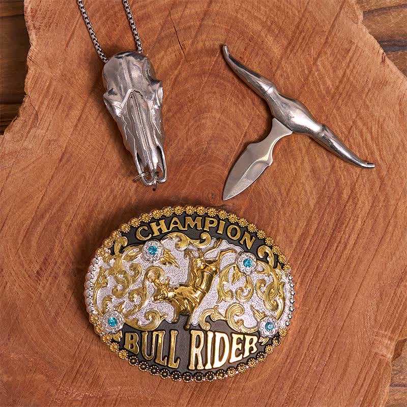 Golden DIY Bull Rider Belt Buckle Longhorn Bull Pendant Bundle Set - image 2