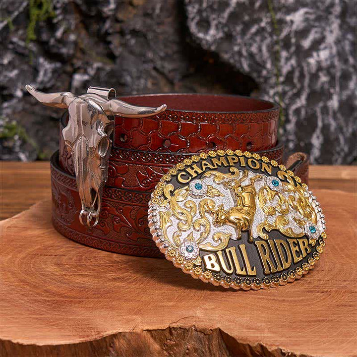 Golden DIY Bull Rider Belt Buckle Longhorn Bull Pendant Bundle Set - Bull Rider - Brown Carved Belt - 42 - image 6