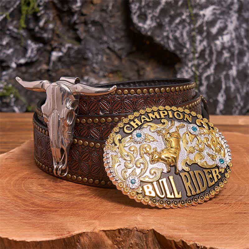 Golden DIY Bull Rider Belt Buckle Longhorn Bull Pendant Bundle Set - Bull Rider - Brown Rivet Belt - 42 - image 4